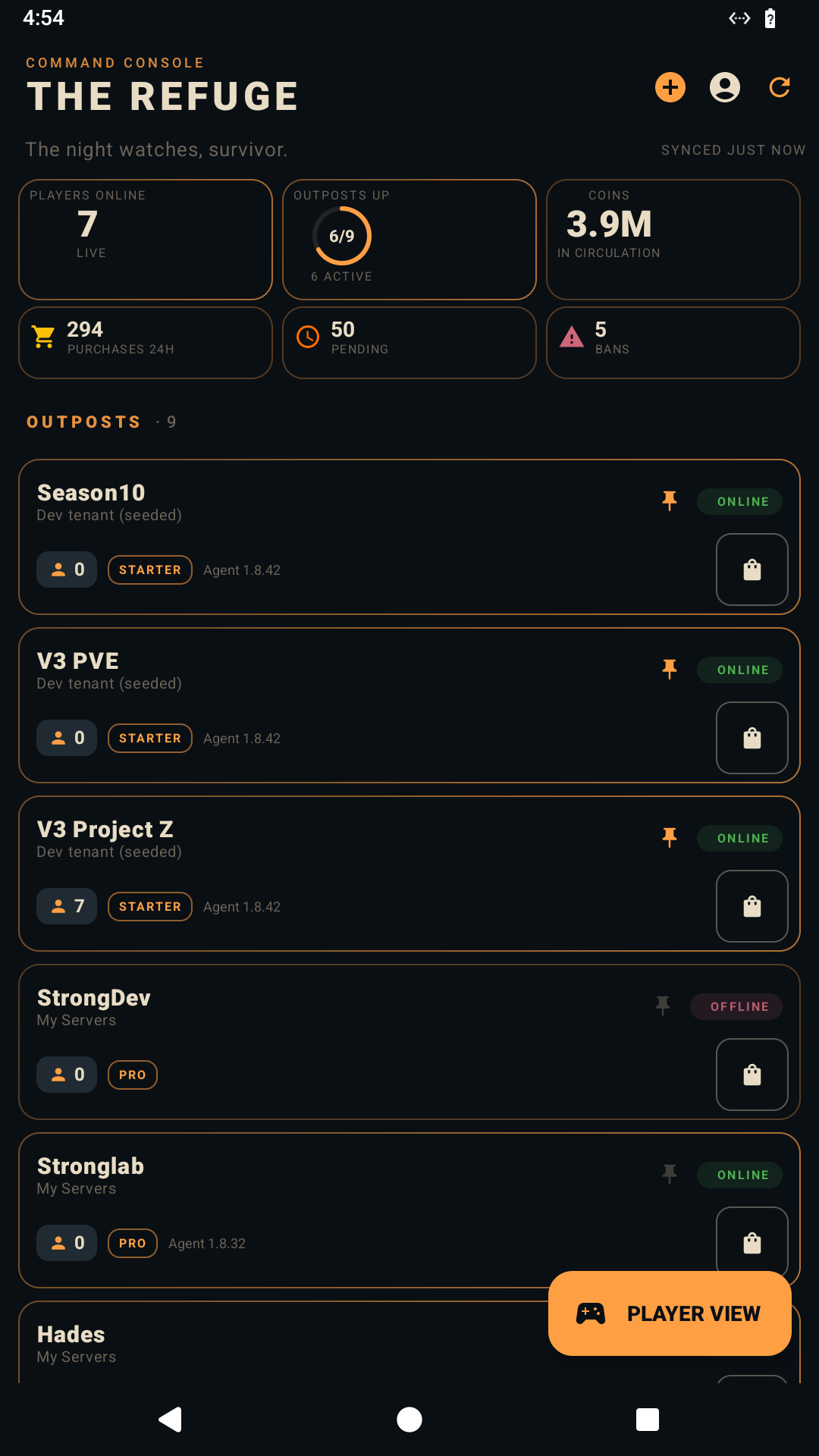 RefugeBot Android admin overview with server cards and status