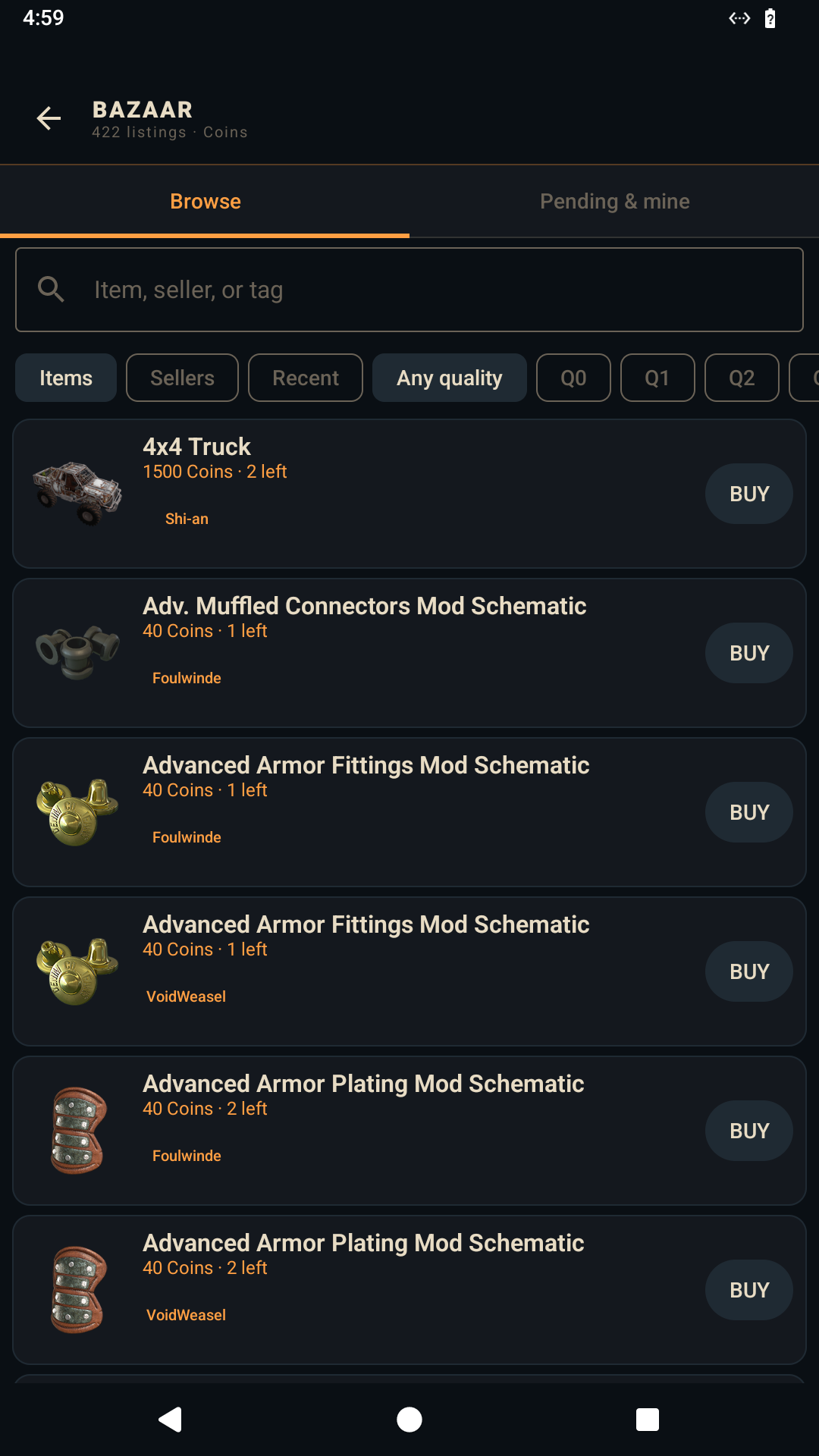 Player Bazaar listings in the RefugeBot Android app