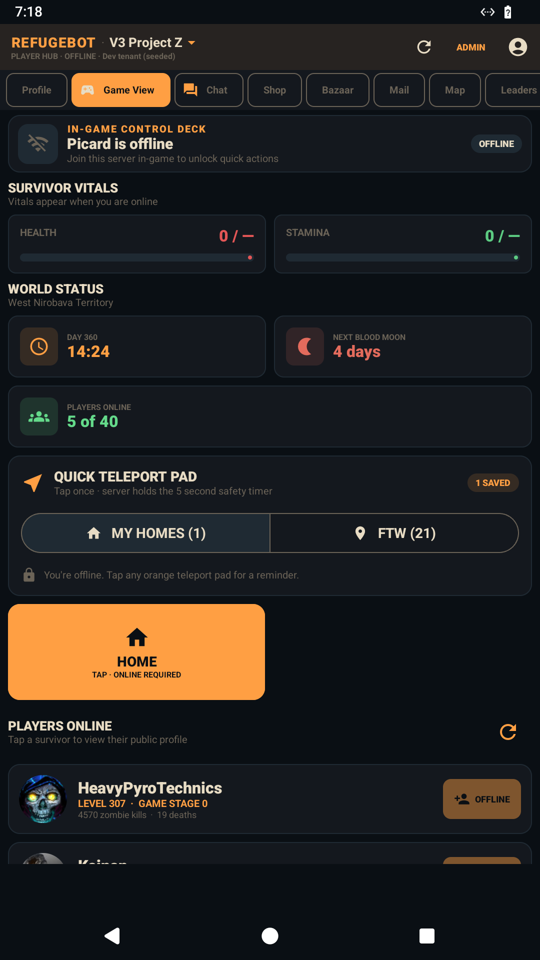 RefugeBot Game View showing player vitals, world time and quick teleports