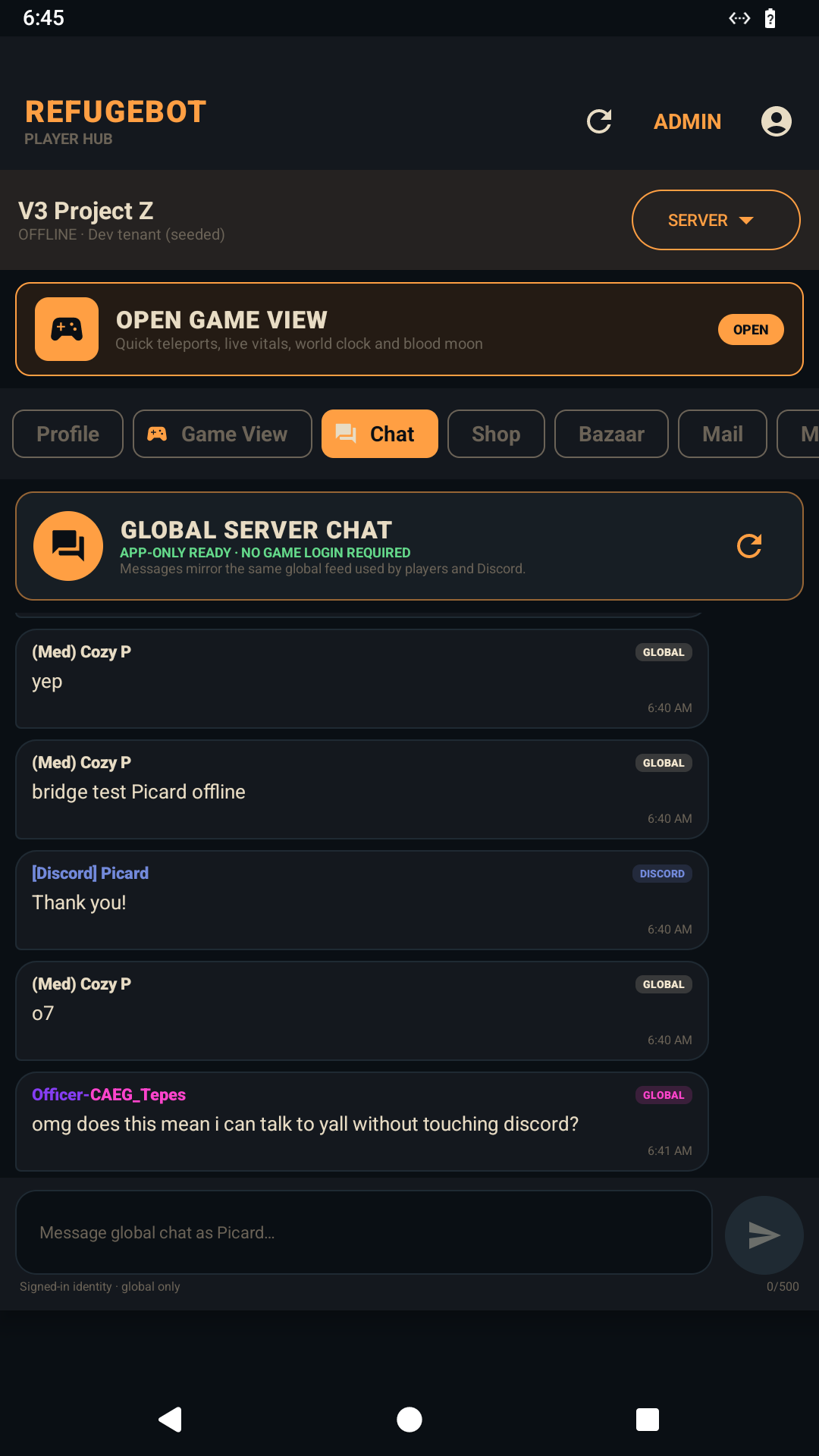 Global server chat shared between app, game and Discord