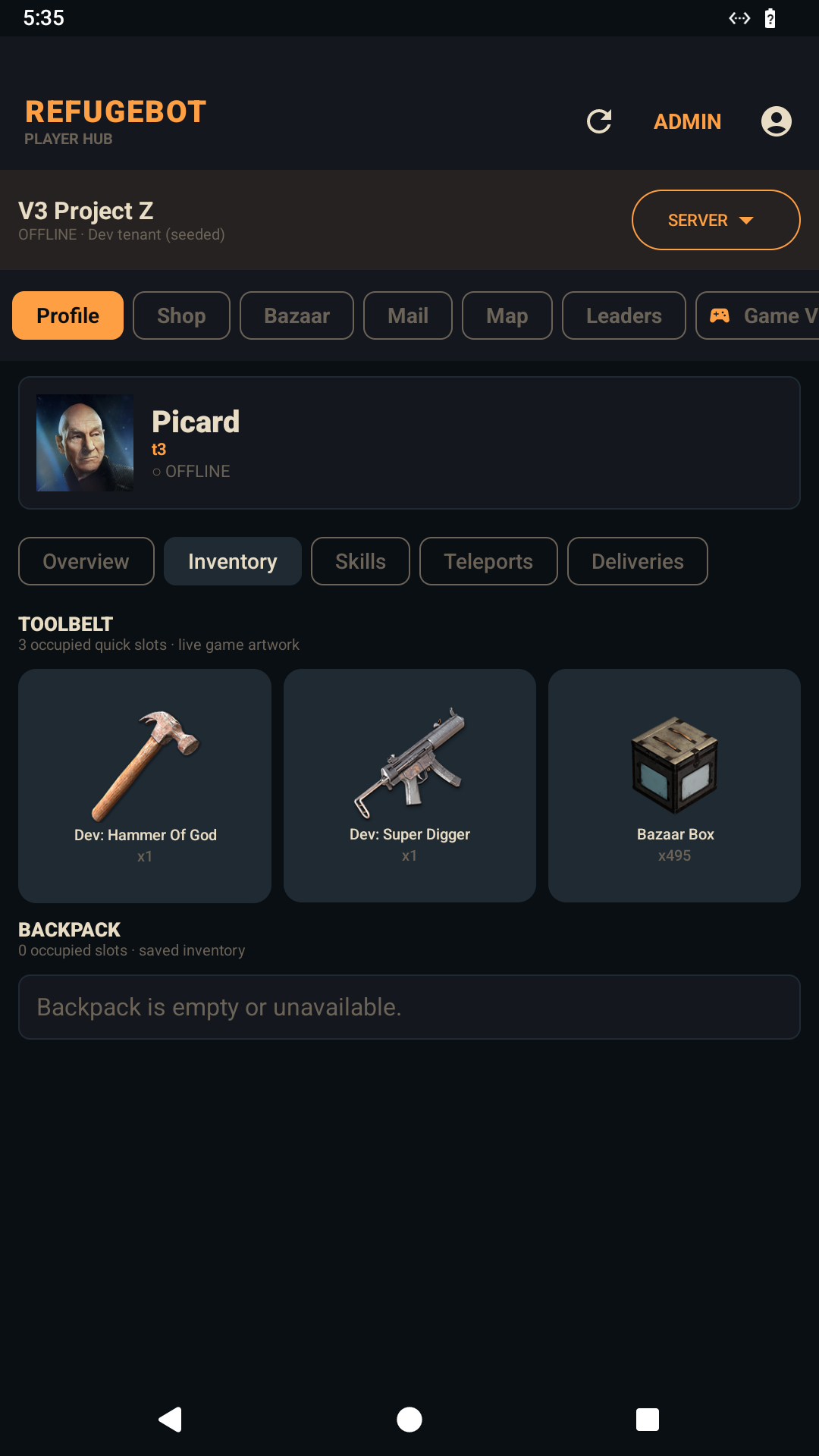 Player inventory with 7 Days to Die item artwork