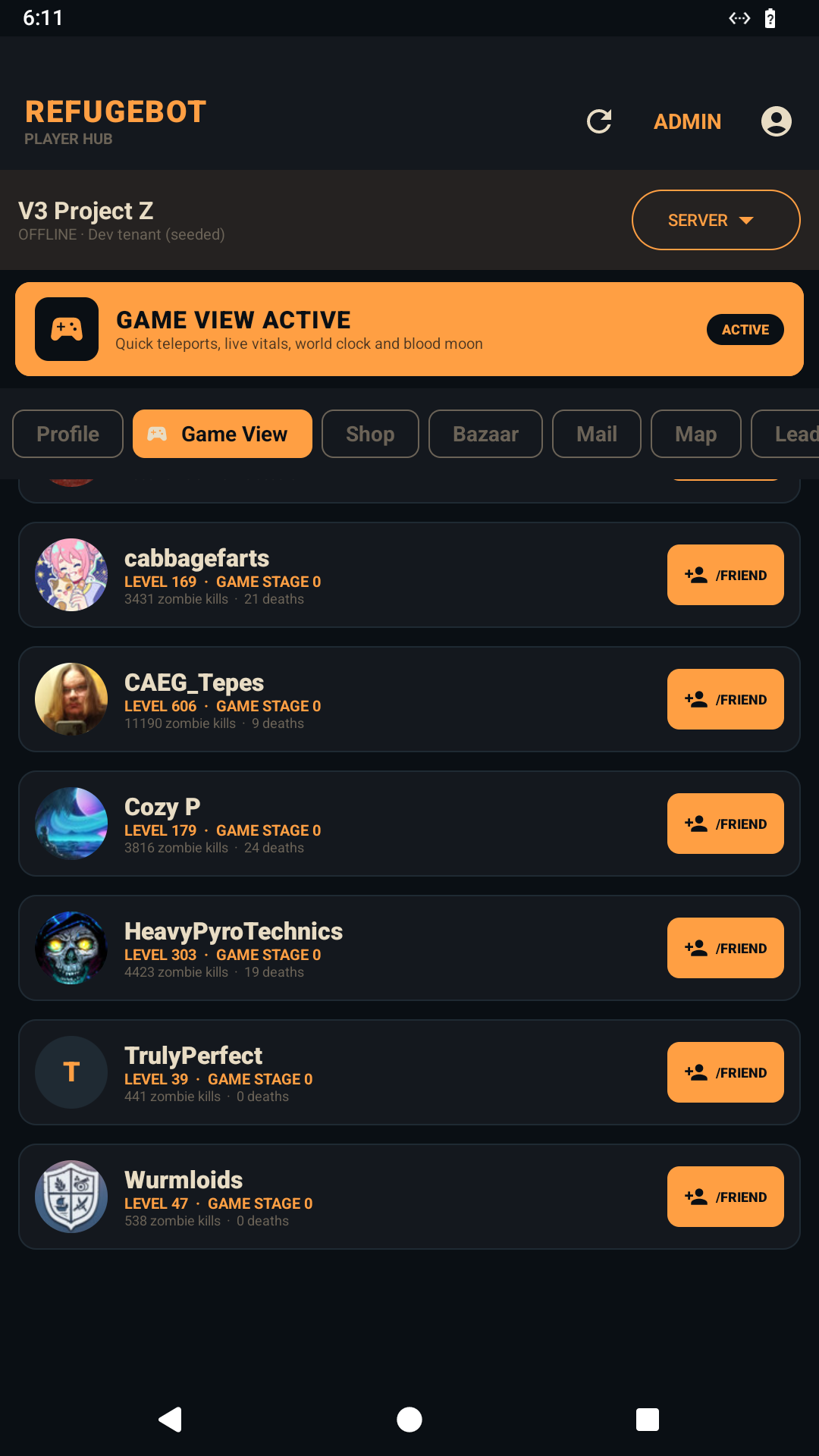 Online player roster with levels and friend buttons