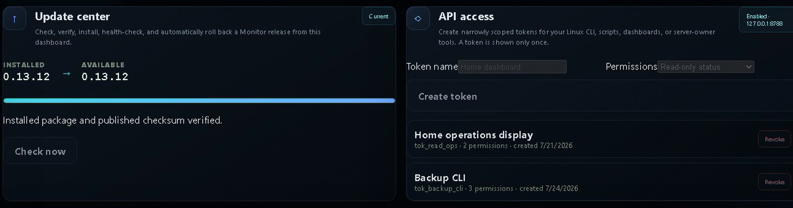 Monitor scoped API tokens and self-update controls