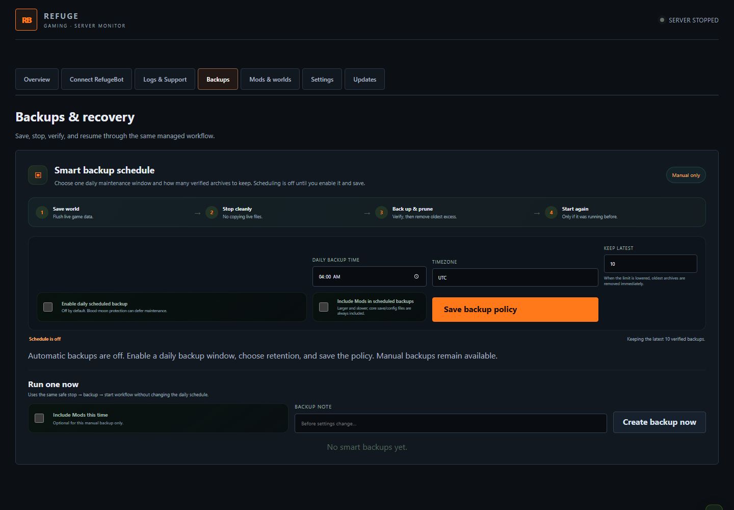 Monitor backup retention and restore controls