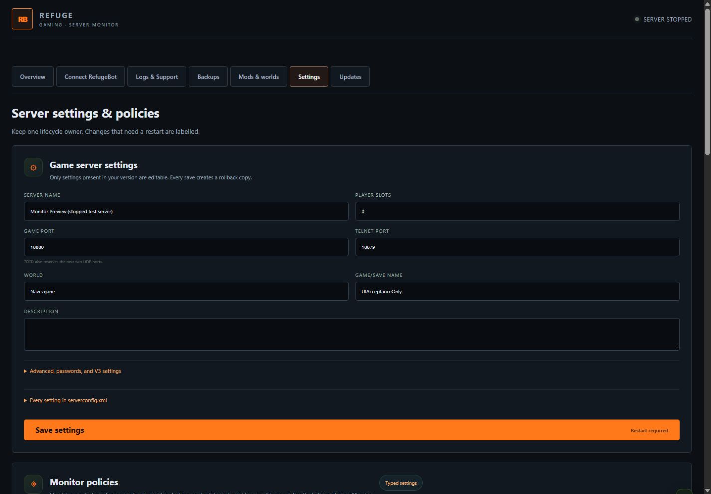 Monitor 0.16.0 server settings and policies