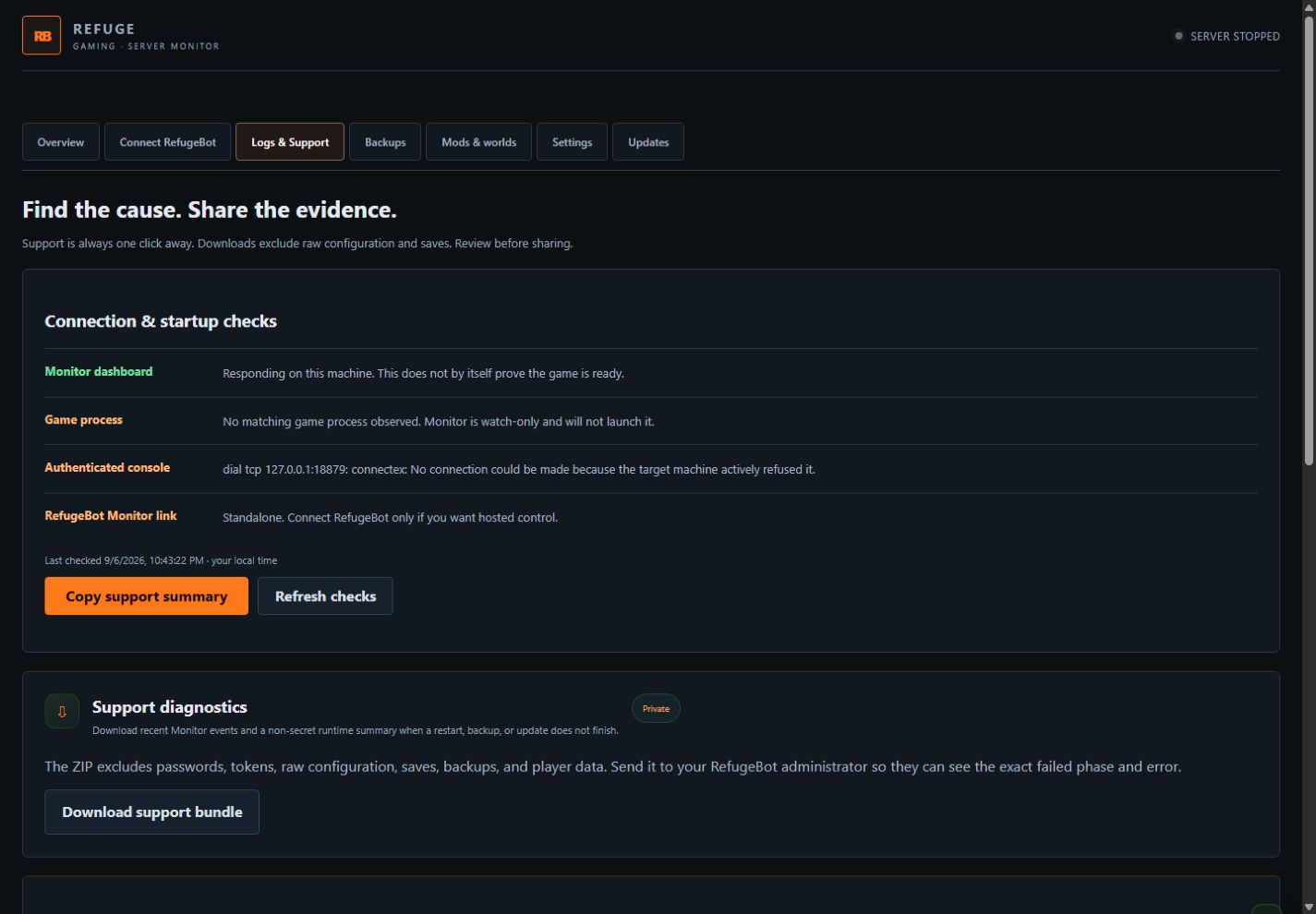 Monitor 0.16.0 connection checks and support bundle