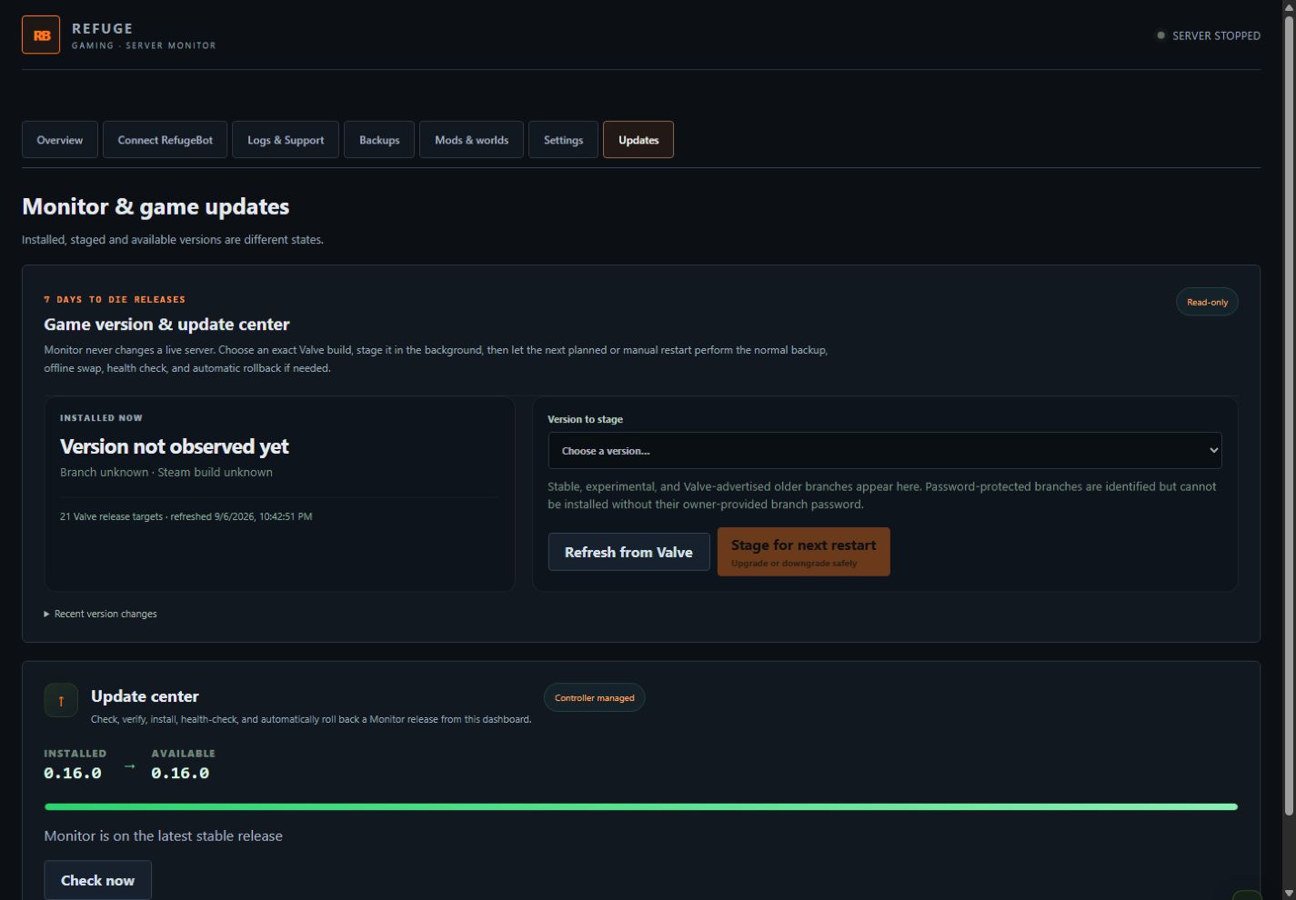 Monitor game update controls